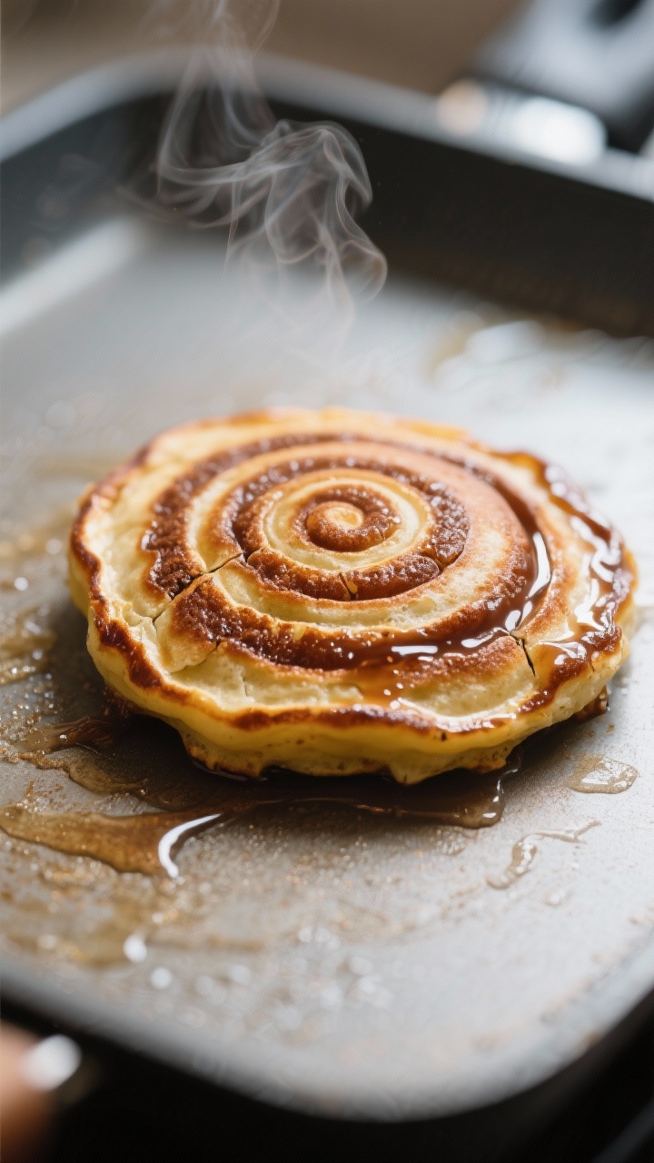 Close-up detail: A just-flipped cinnamon roll pancake on a nonstick griddle, swirl-side up, showing 