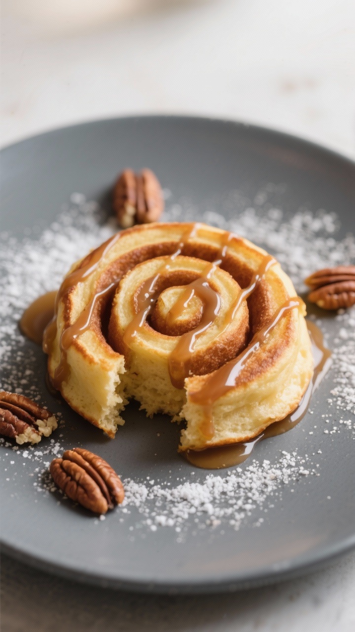 Final dish presentation: Single cinnamon roll pancake plated individually, swirl perfectly centered,