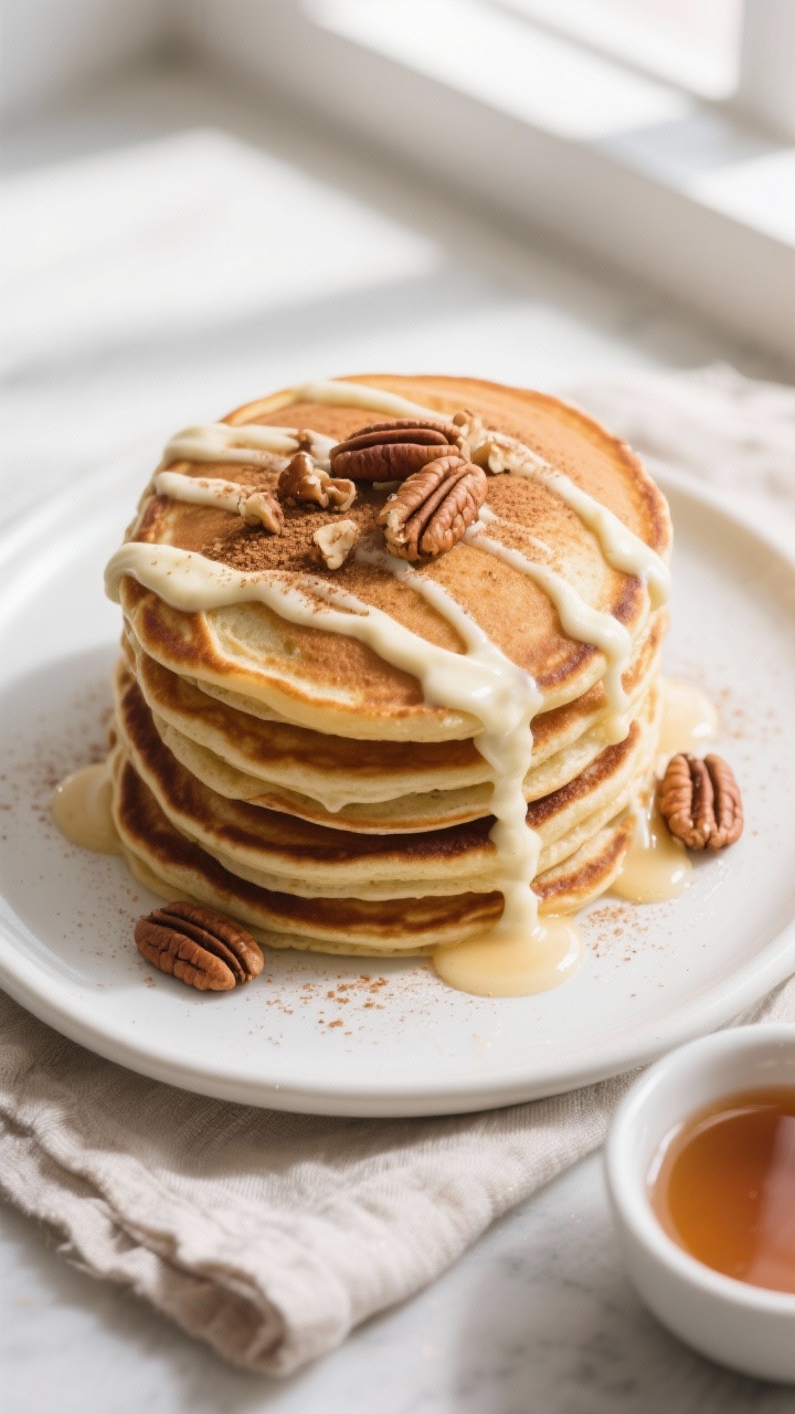 Tasty top view: Overhead shot of a stack of cinnamon roll pancakes on a matte white plate, generousl